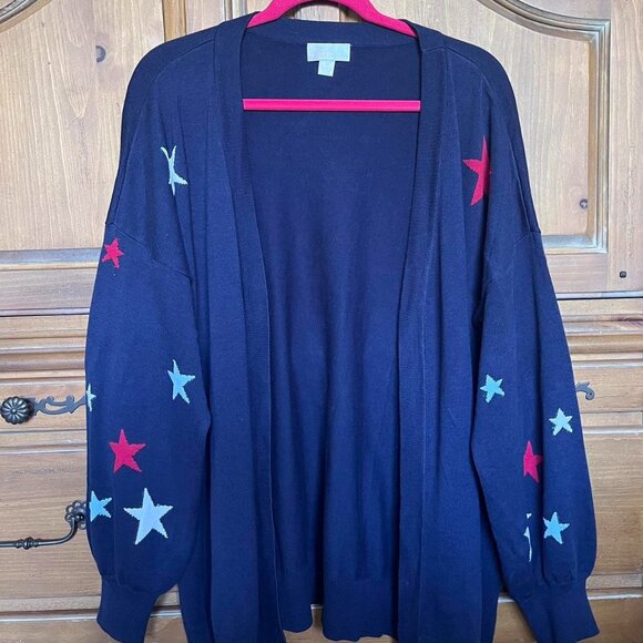 Belle by Kim Gravel Navy Blue Cardigan w Red and Blue Stars - Picture 1 of 3